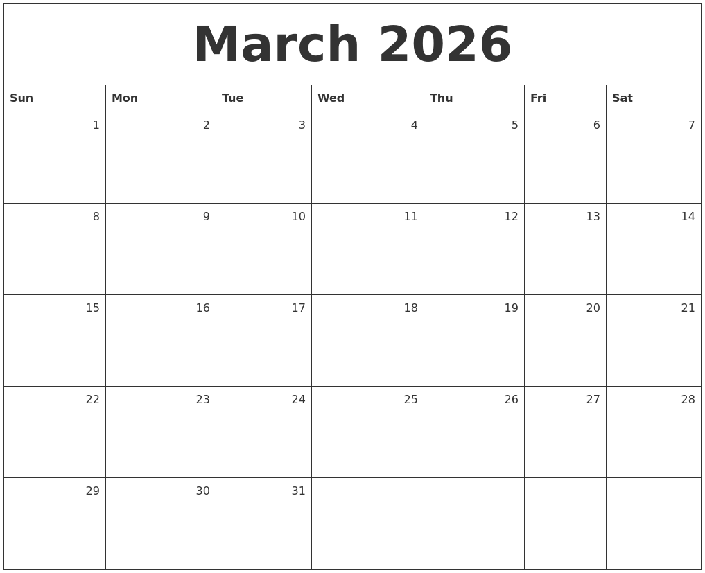 March 2026 Monthly Calendar