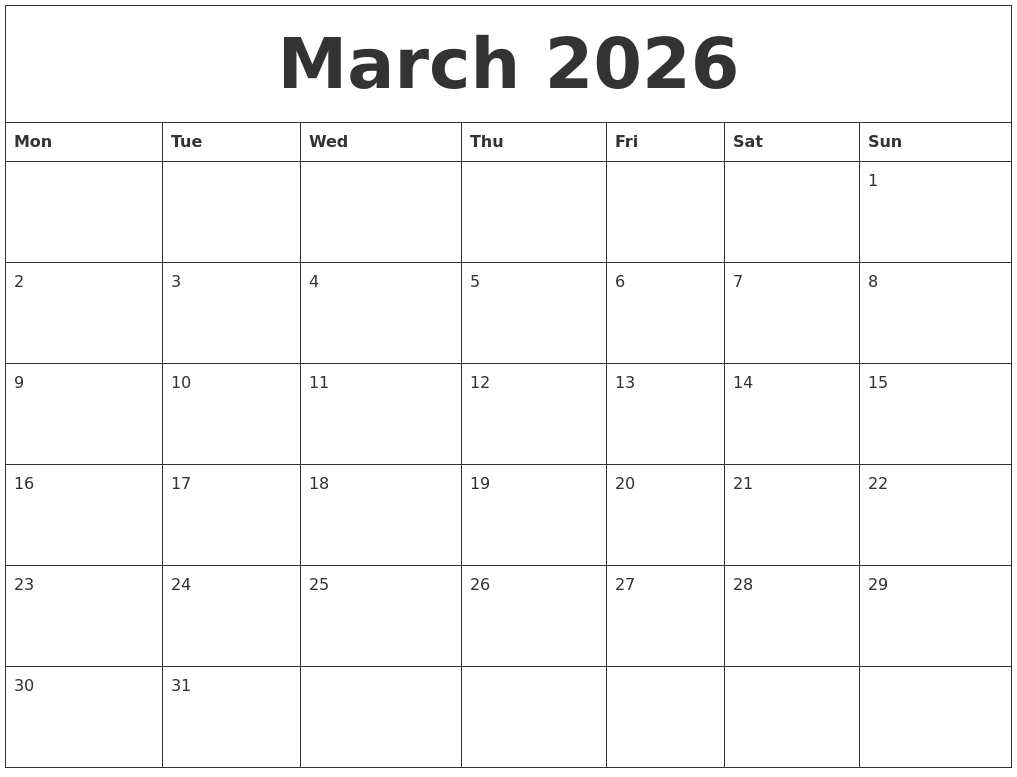 March 2026 Monthly Printable Calendar