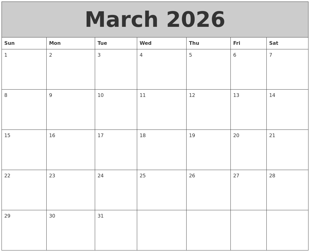 March 2026 My Calendar