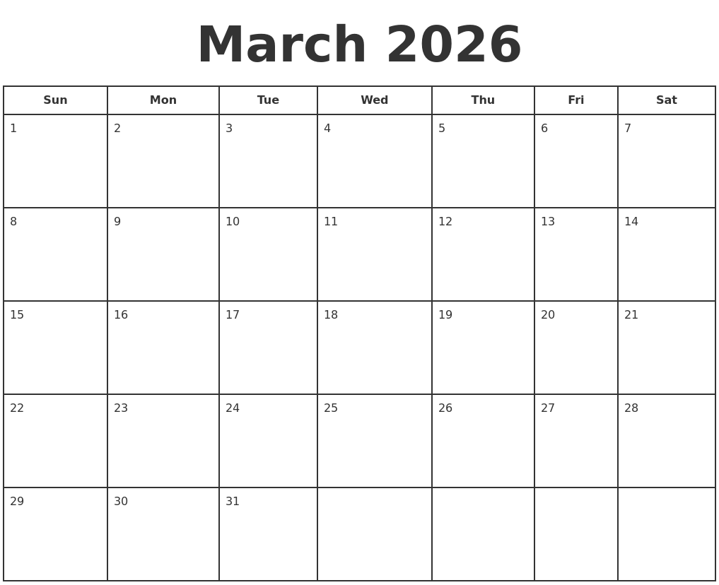 March 2026 Print A Calendar
