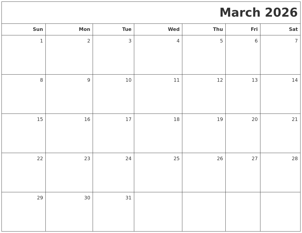 March 2026 Printable Blank Calendar