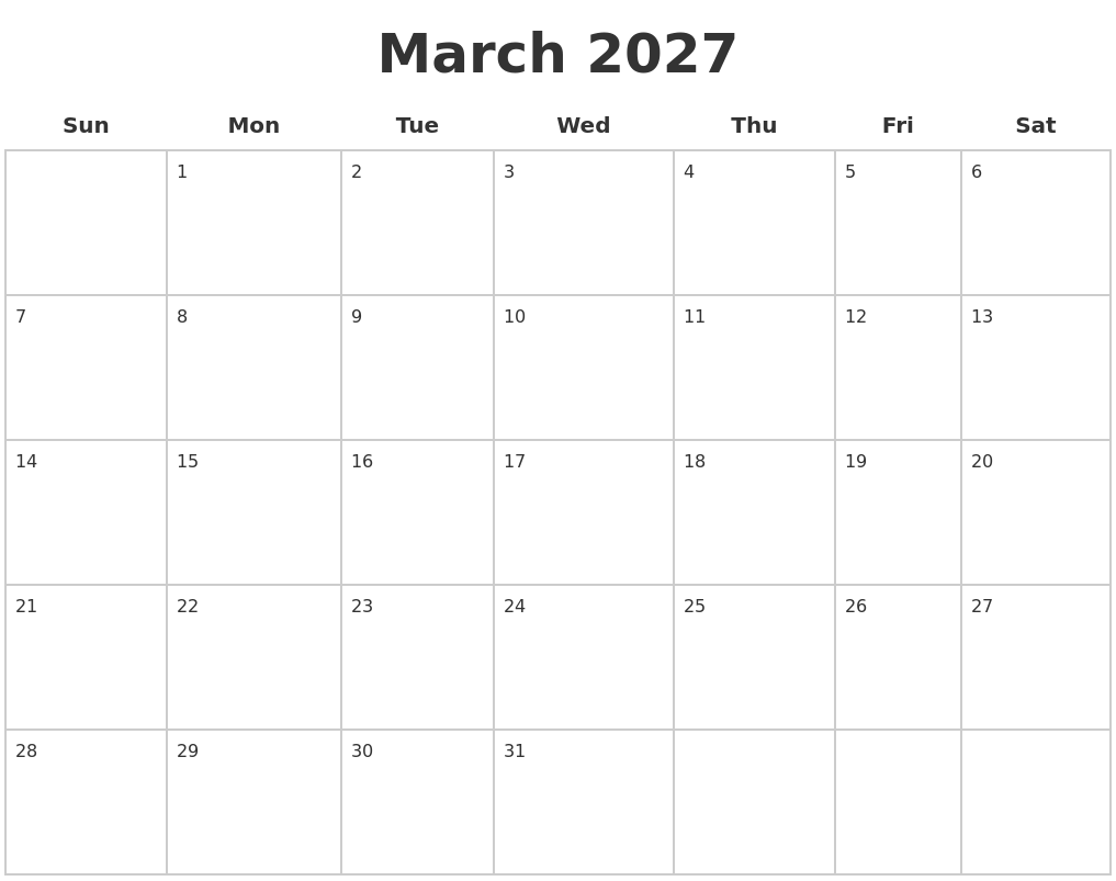 March 2027 Blank Calendar Pages