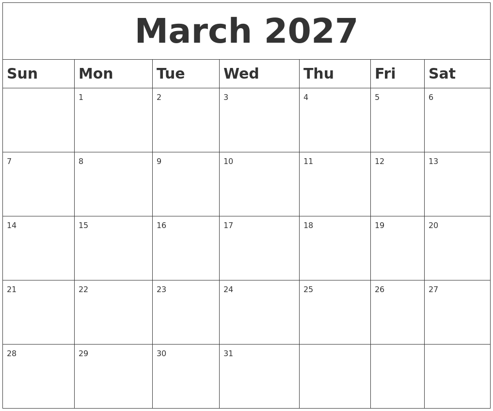 March 2027 Blank Calendar