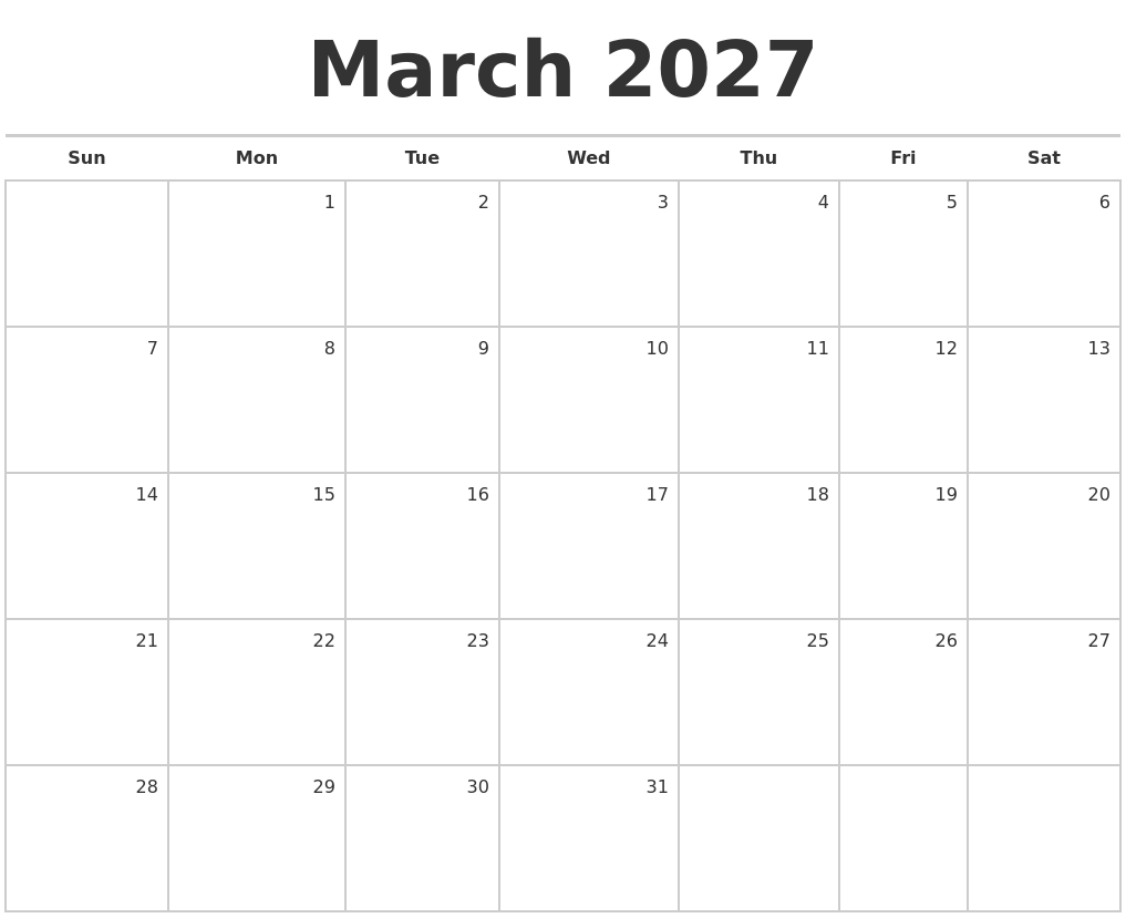 March 2027 Blank Monthly Calendar