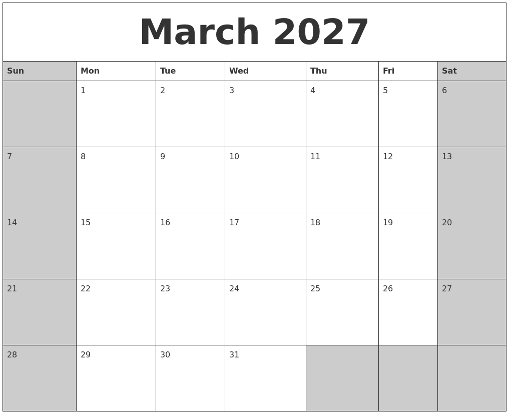 March 2027 Calanders