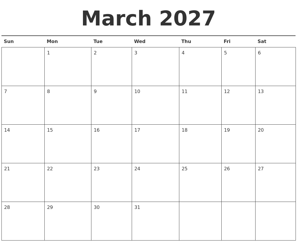 March 2027 Calendar Printable