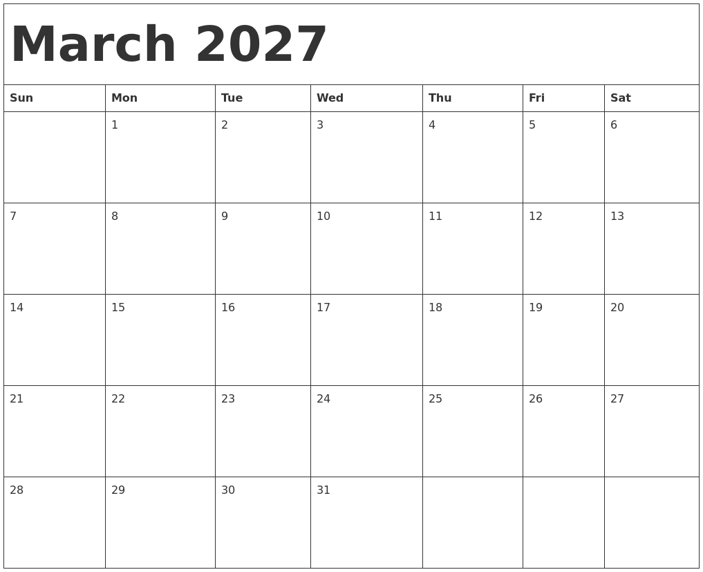 March 2027 Calendar Template