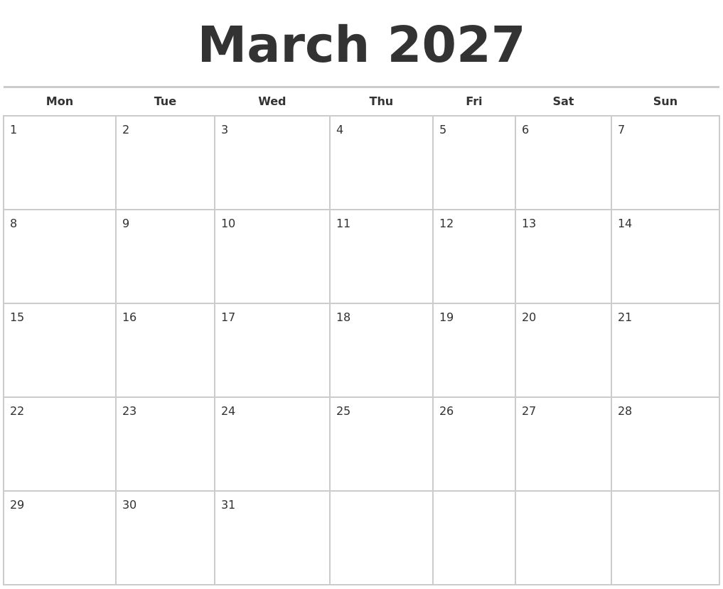 March 2027 Calendars Free
