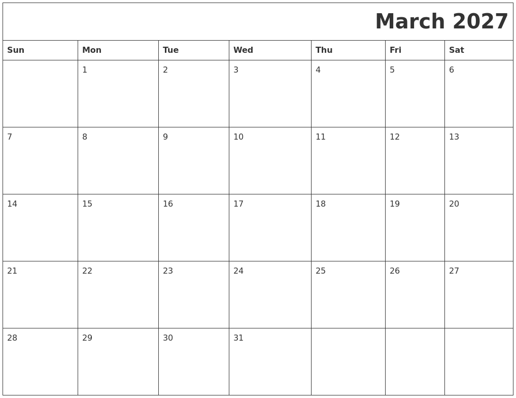 March 2027 Download Calendar