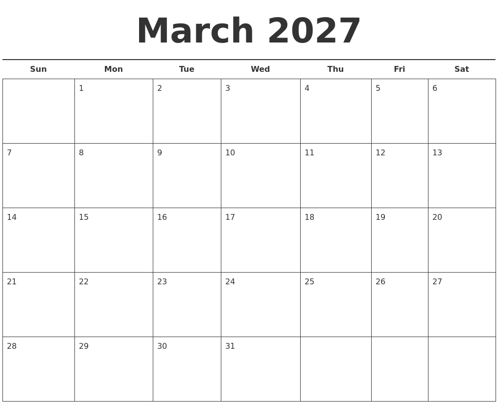 March 2027 Free Calendar Template