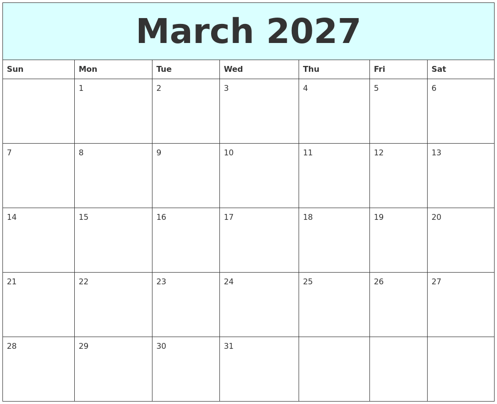 March 2027 Free Calendar