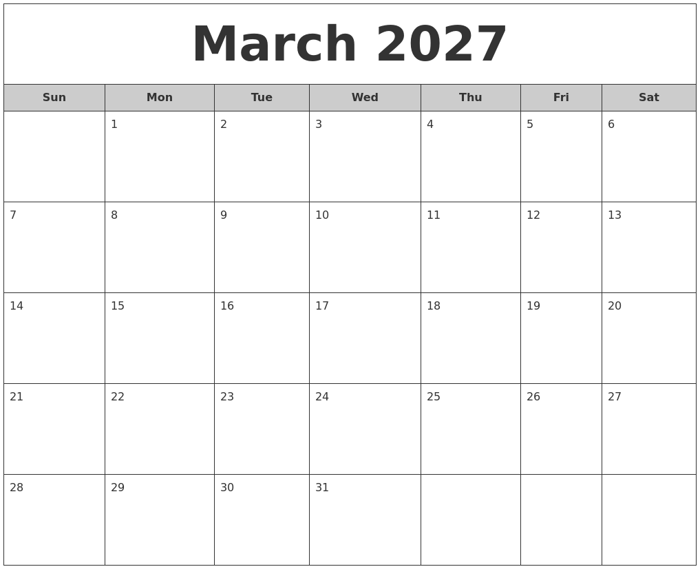 March 2027 Free Monthly Calendar