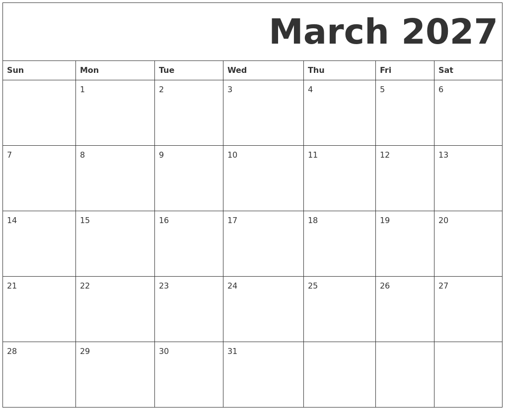 March 2027 Free Printable Calendar