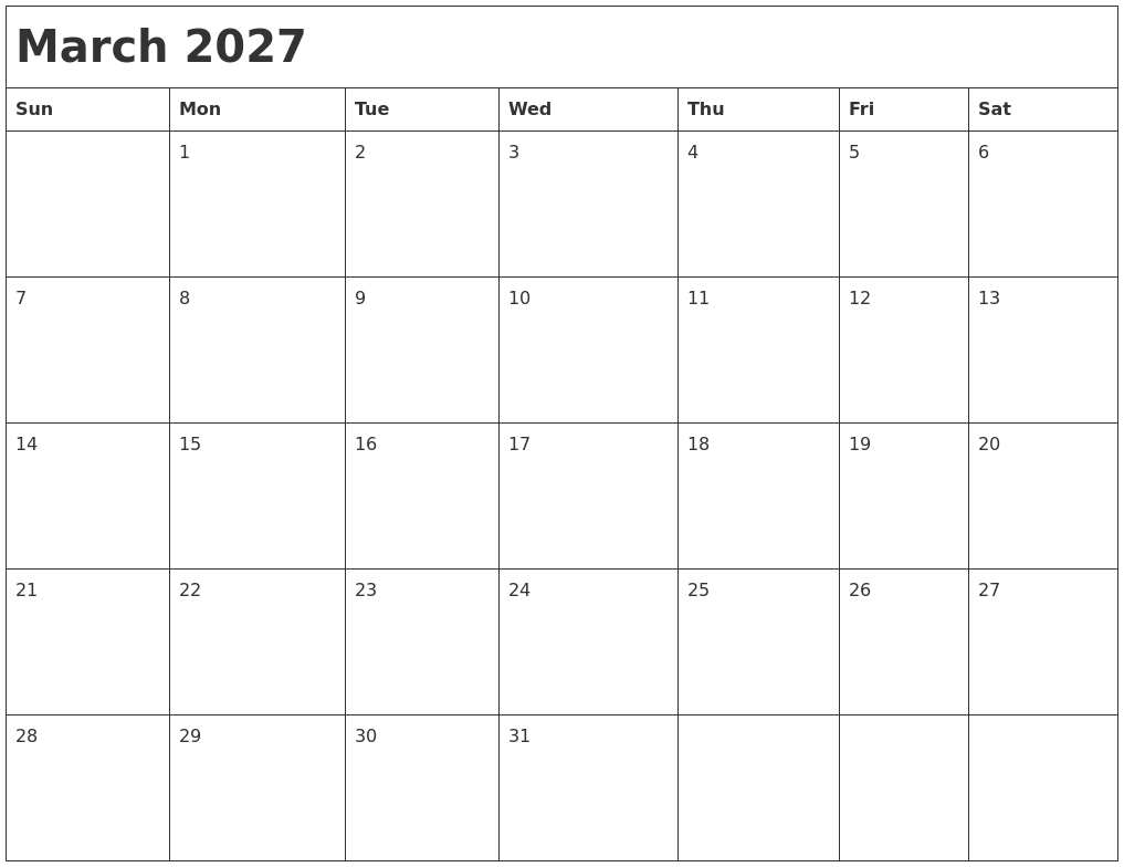 March 2027 Month Calendar