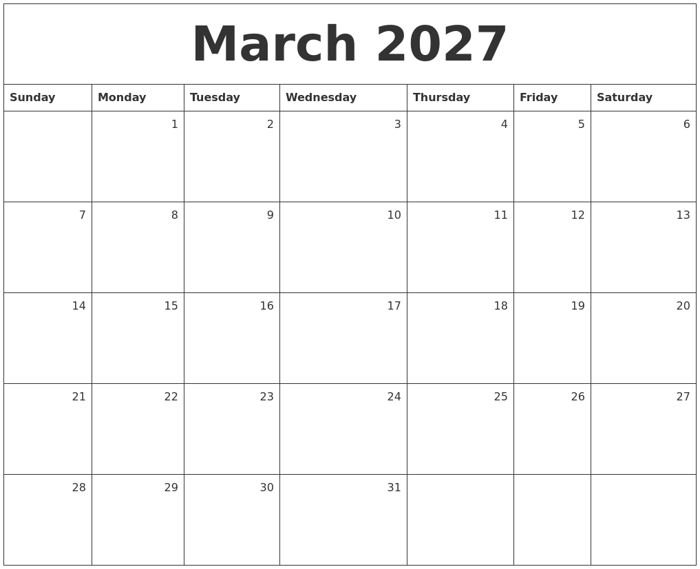 March 2027 Monthly Calendar March 2027 Monthly Calendar