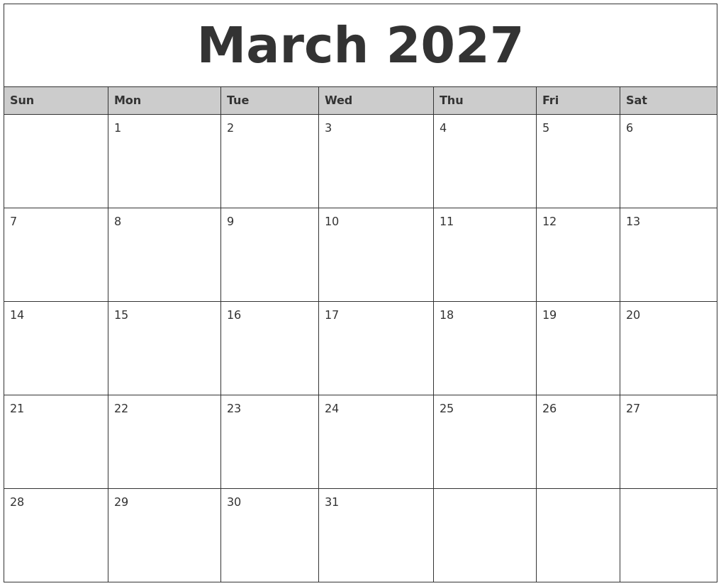 March 2027 Monthly Calendar Printable