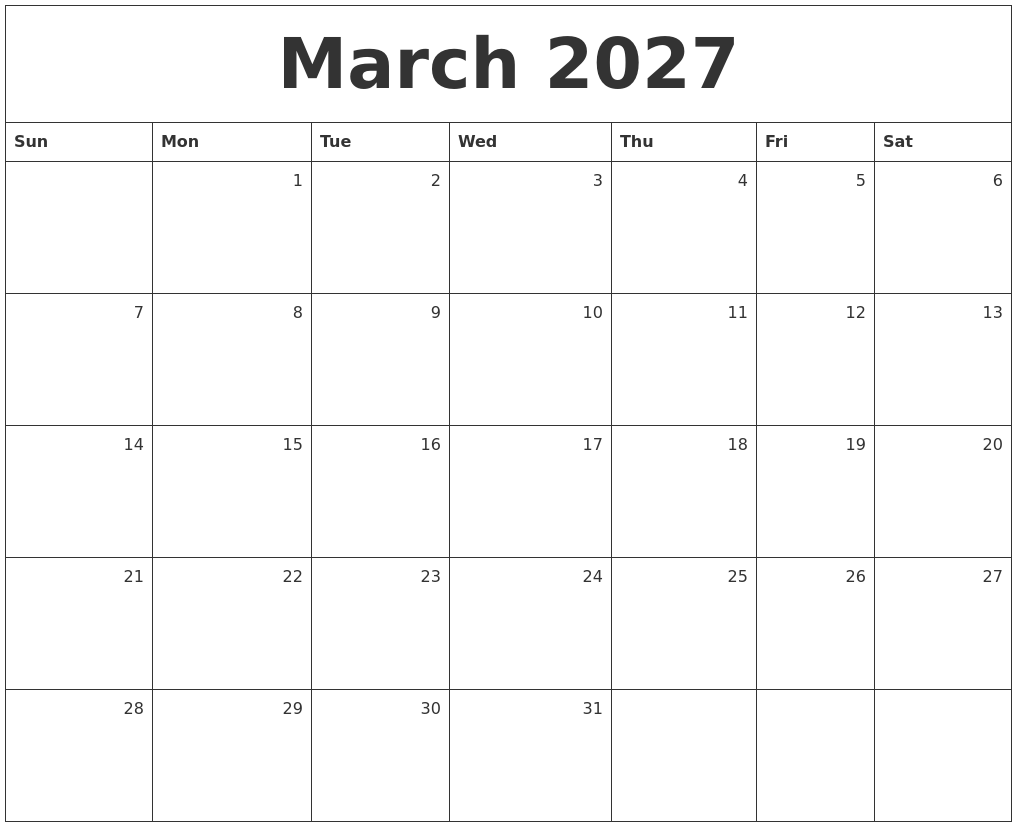 March 2027 Monthly Calendar