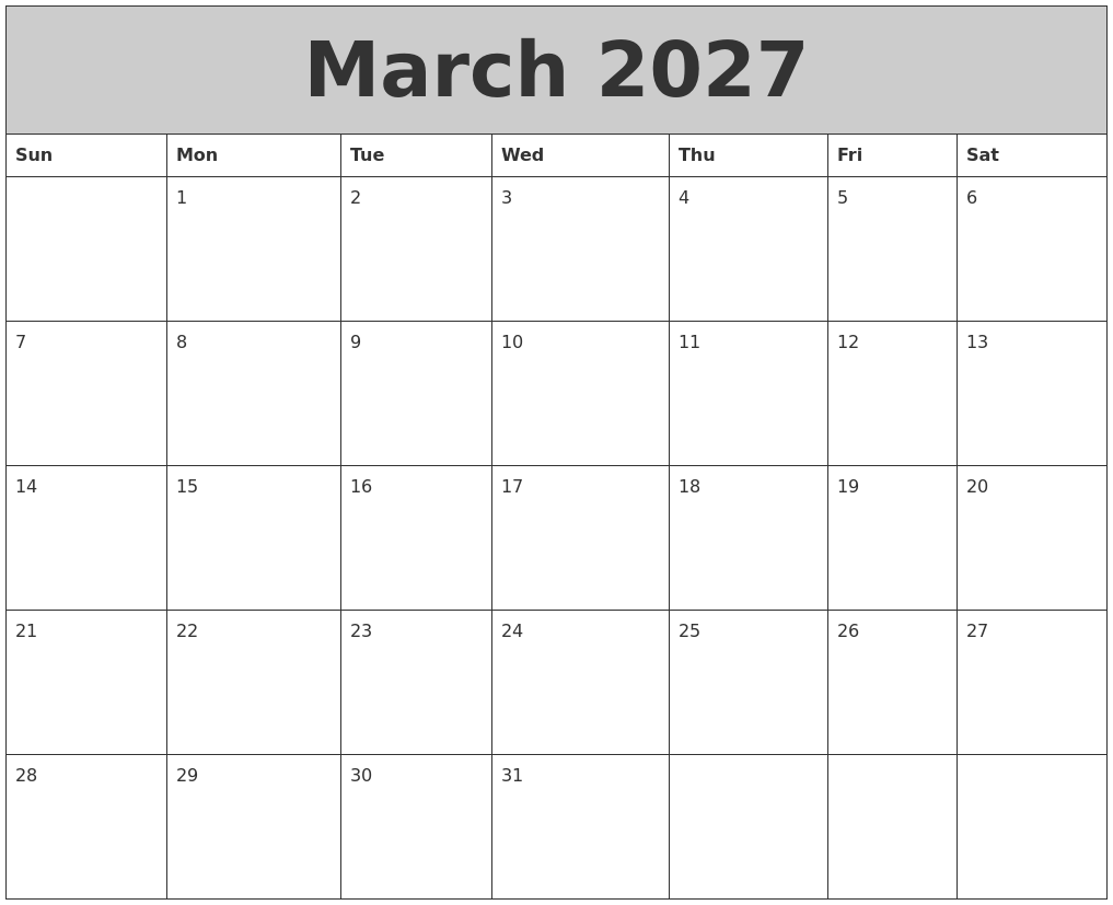 March 2027 My Calendar
