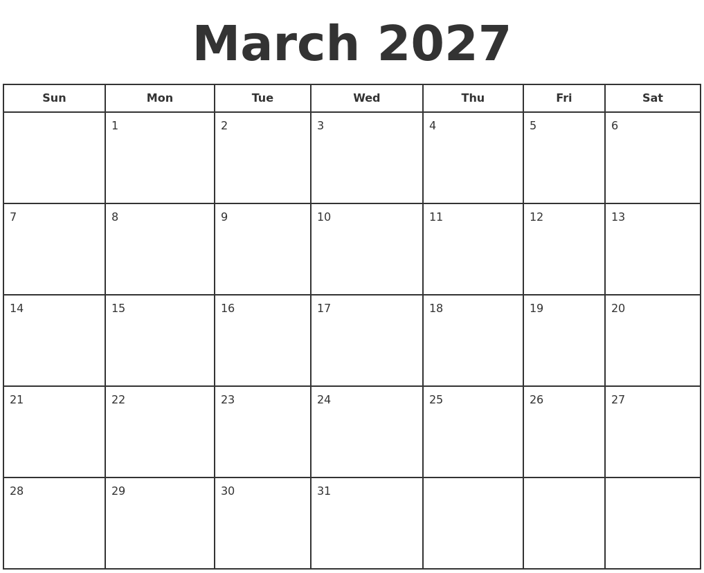 March 2027 Print A Calendar