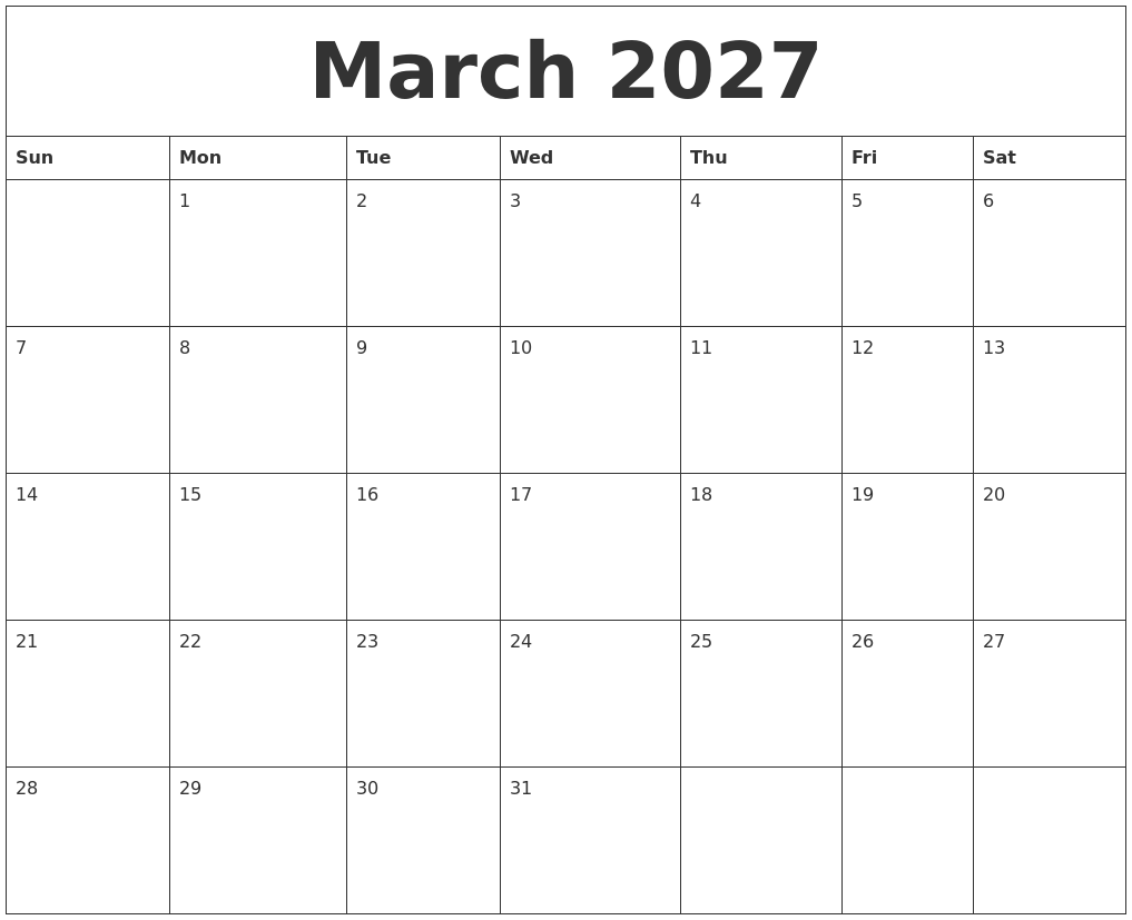 March 2027 Print Monthly Calendar