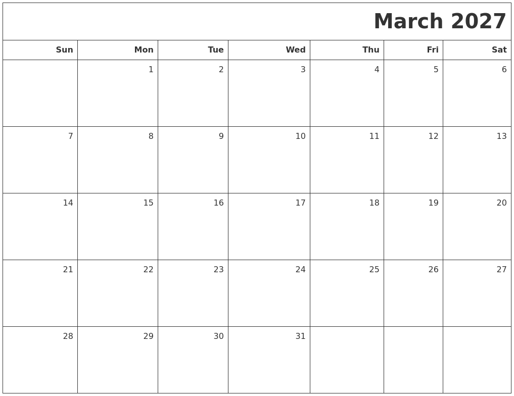 March 2027 Printable Blank Calendar