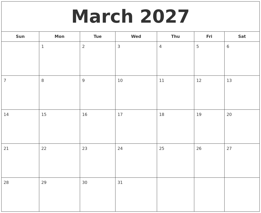 March 2027 Printable Calendar