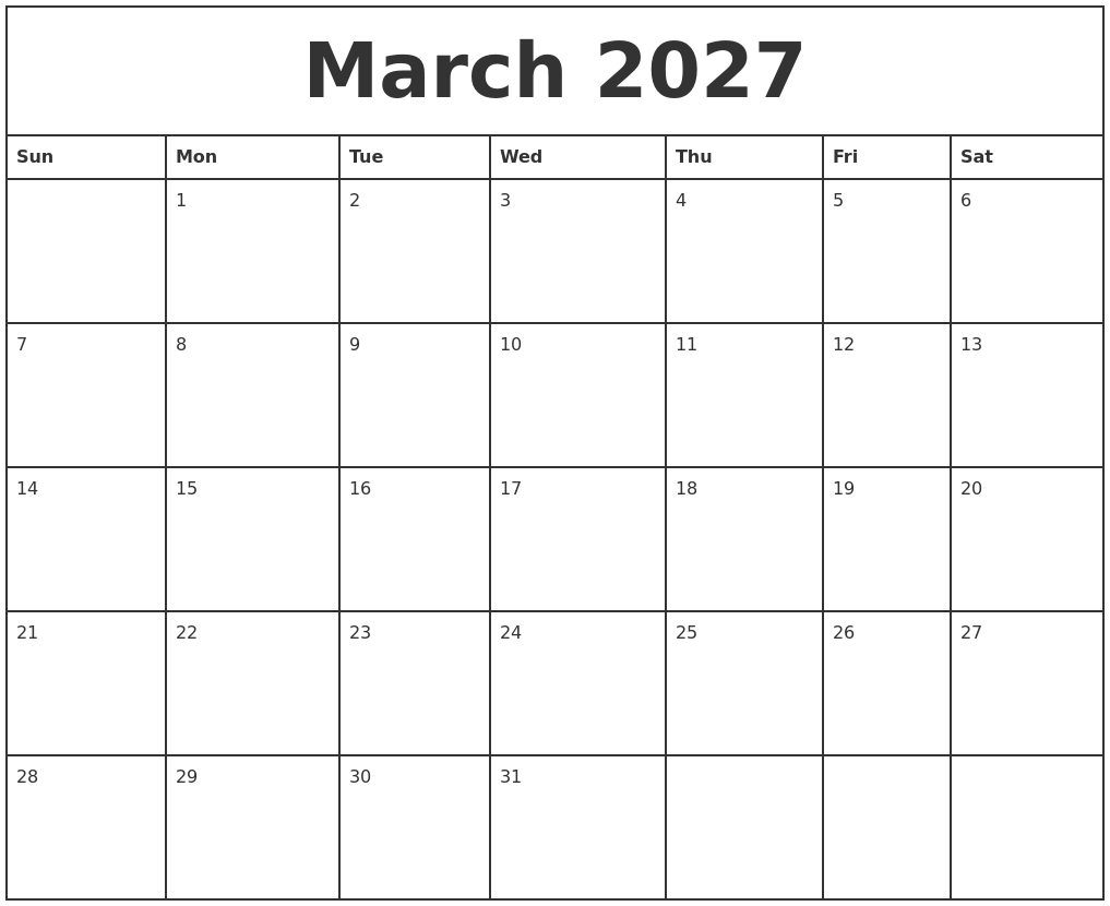 March 2027 Printable Monthly Calendar
