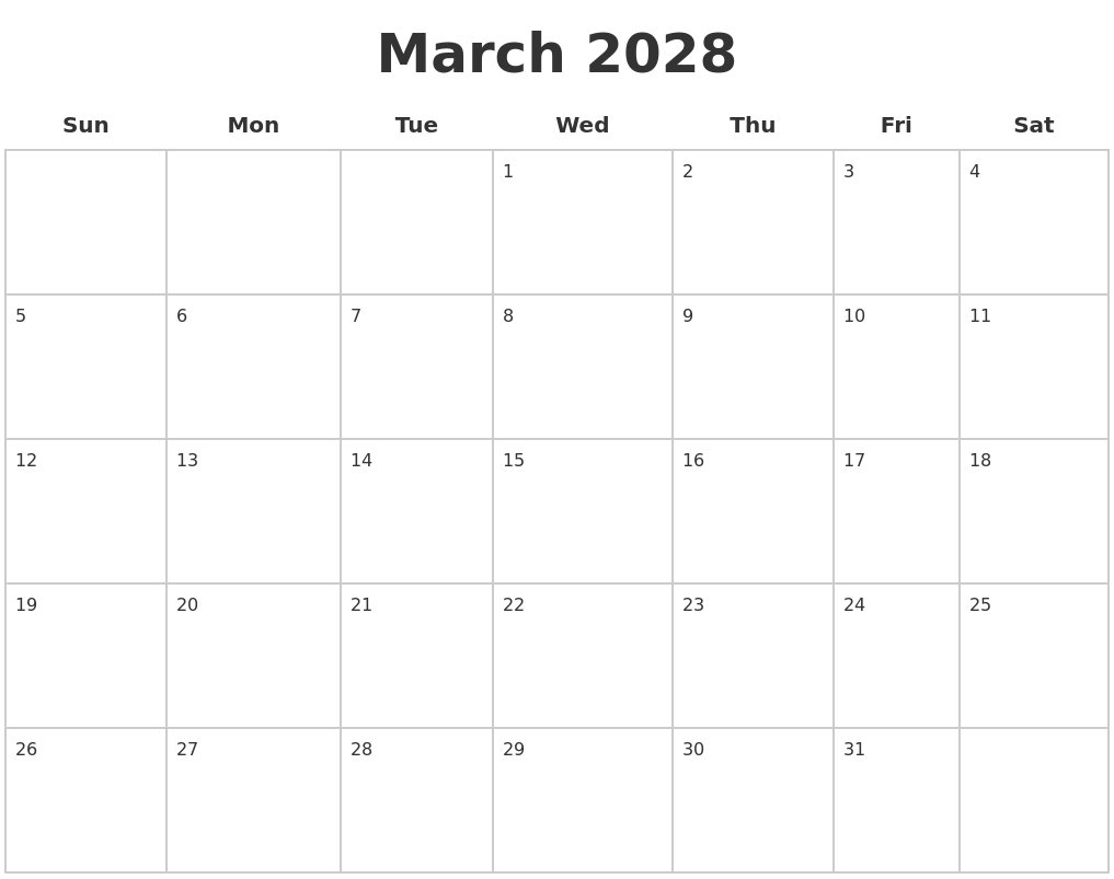 March 2028 Blank Calendar Pages