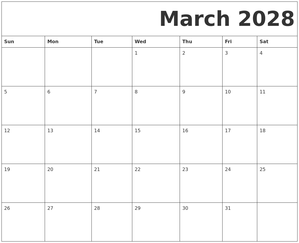 March 2028 Free Printable Calendar