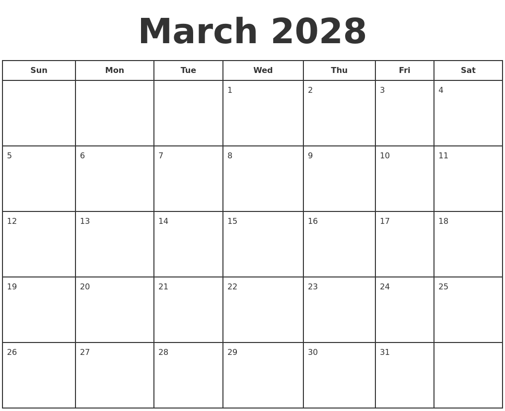 March 2028 Print A Calendar