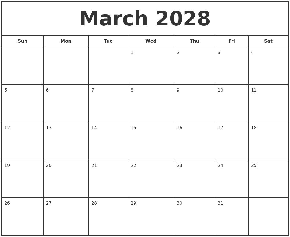 March 2028 Print Free Calendar