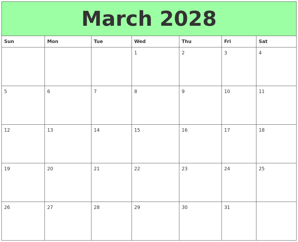 March 2028 Printable Calendars
