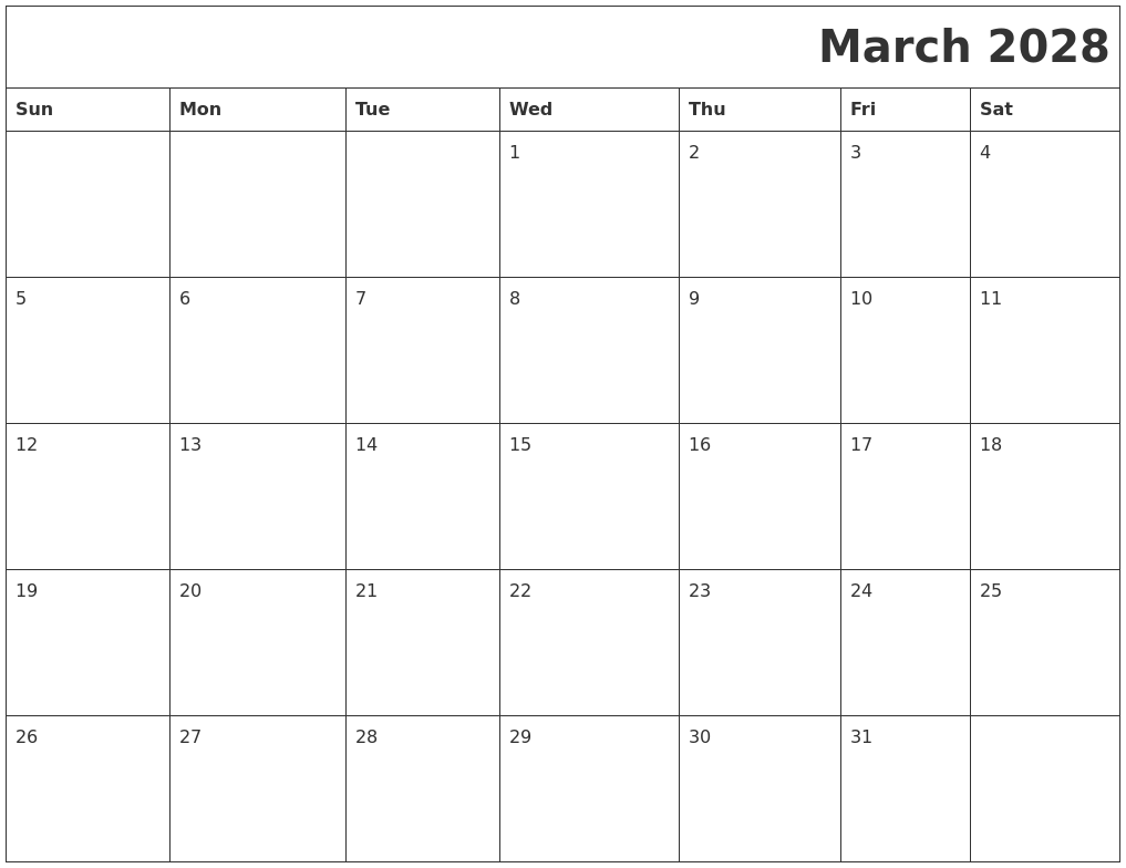 March 2028 Printable Calender