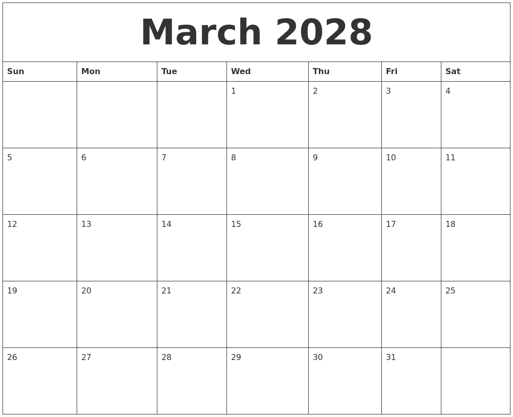 March 2028 Word Calendar
