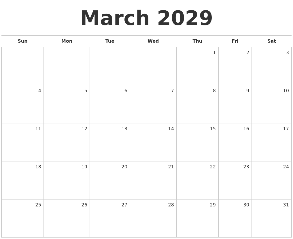 March 2029 Blank Monthly Calendar