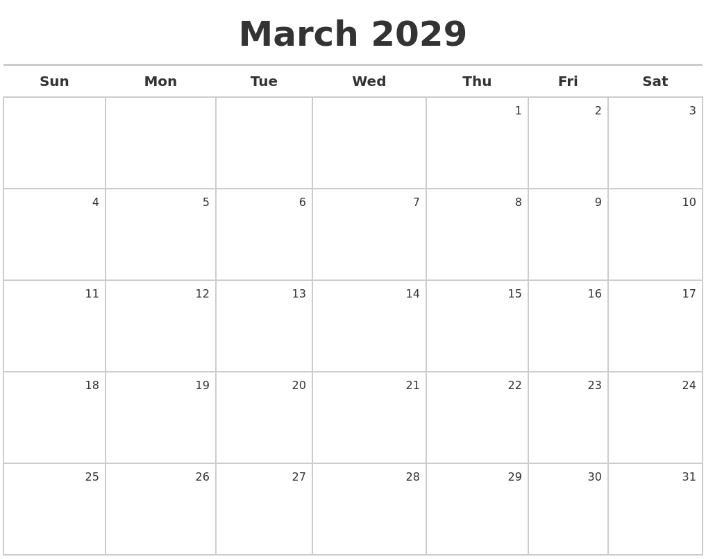 March 2029 Calendar Maker