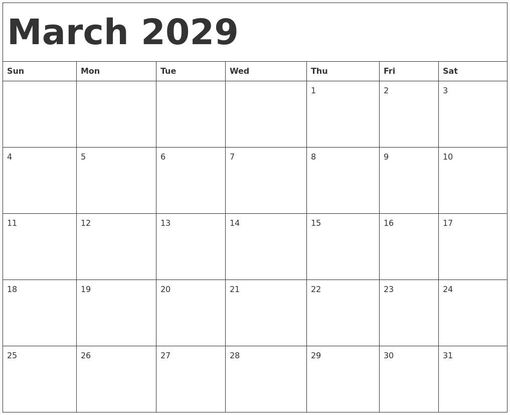 March 2029 Calendar Template