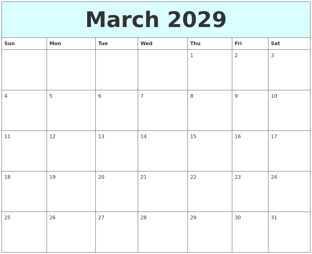 March 2029 Free Calendar