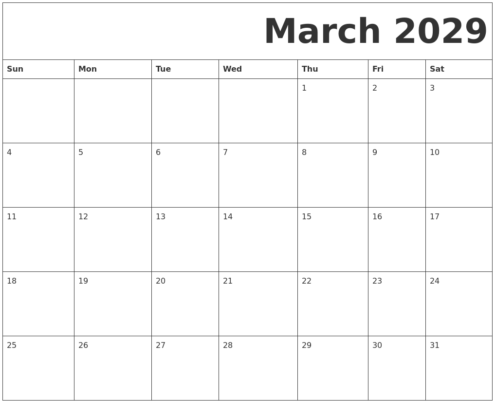 March 2029 Free Printable Calendar