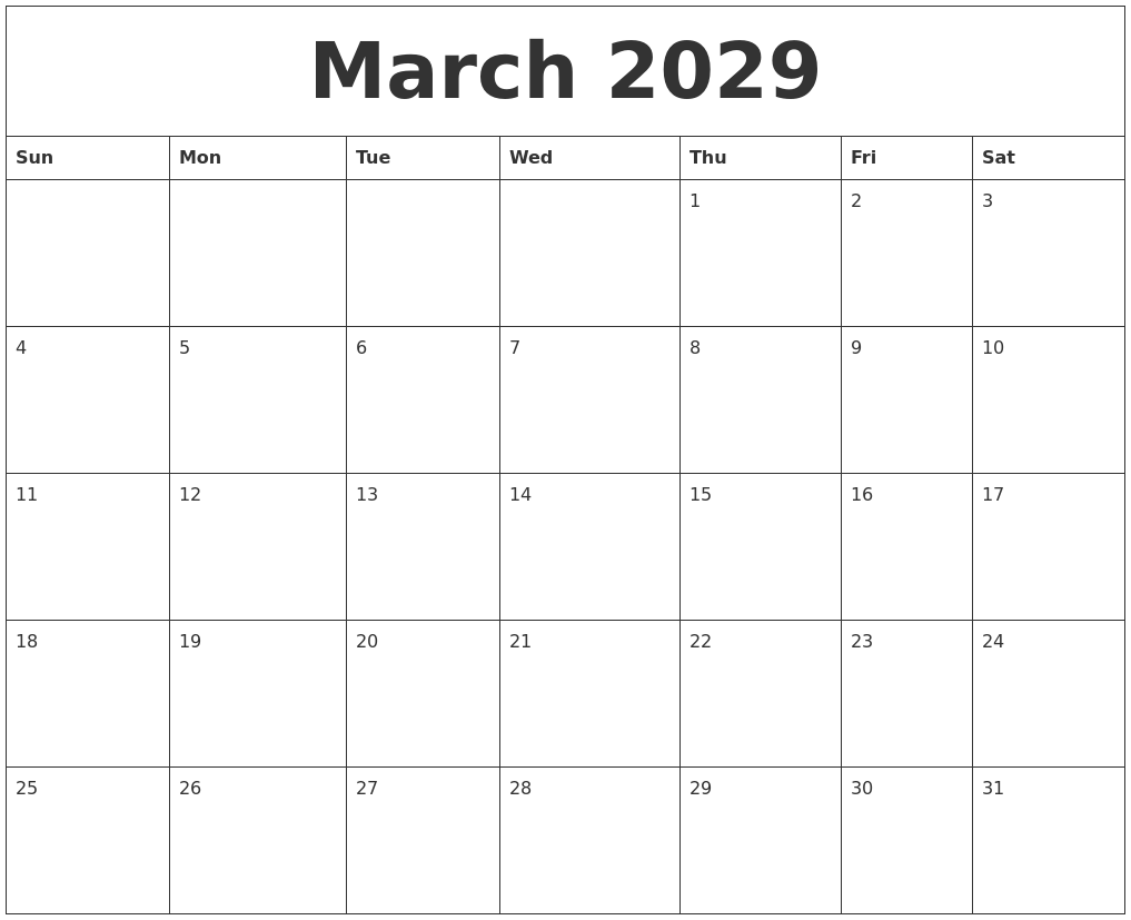 March 2029 Free Printable Monthly Calendar