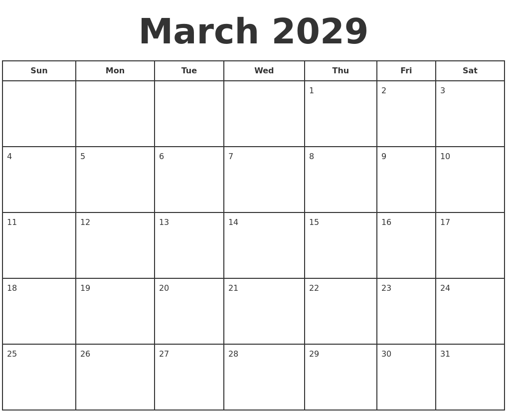 March 2029 Print A Calendar