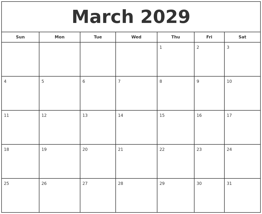 march 2029 print free calendar