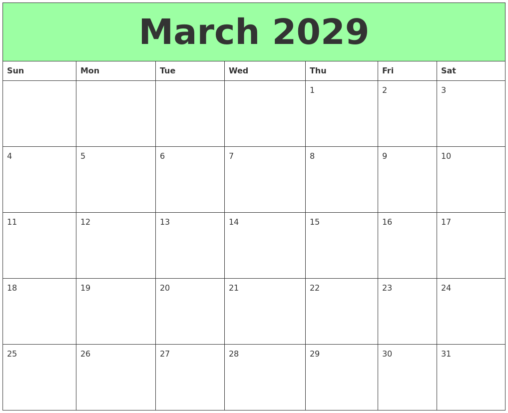 March 2029 Printable Calendars