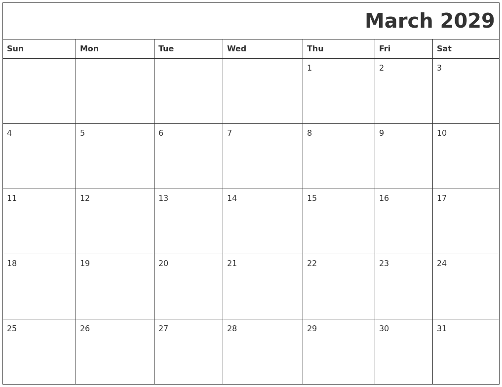 March 2029 Printable Calender