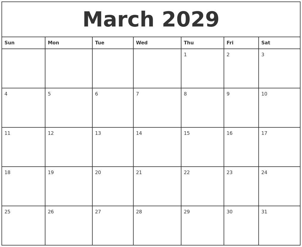 March 2029 Printable Monthly Calendar