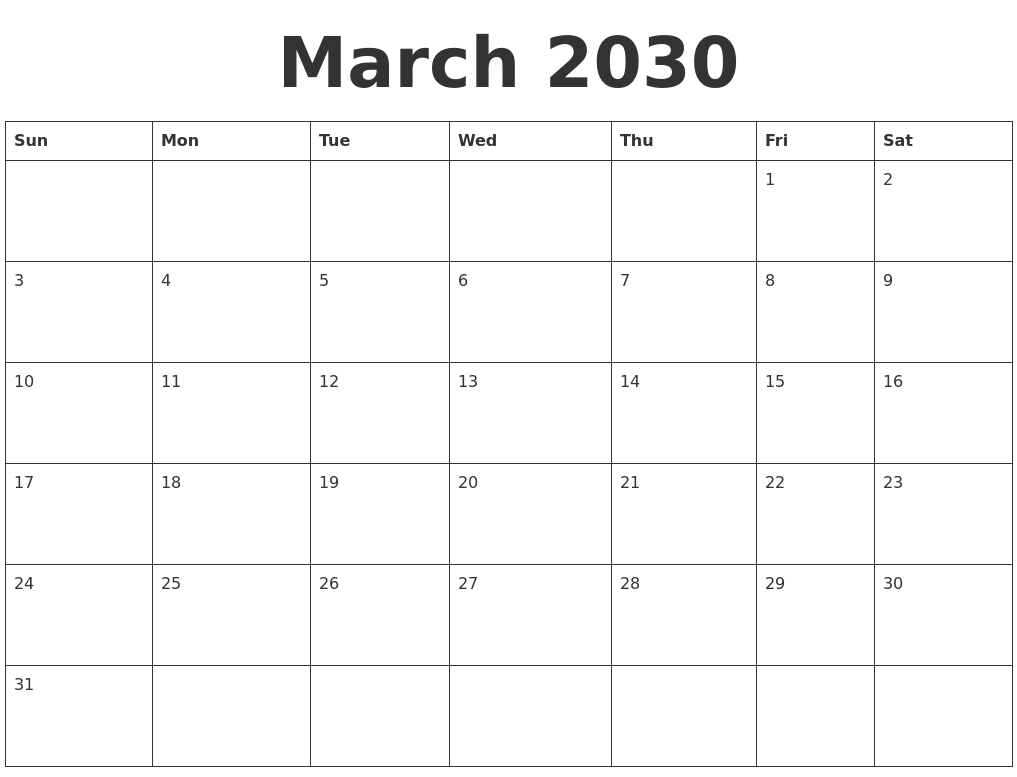 March 2030 Blank Calendar Template