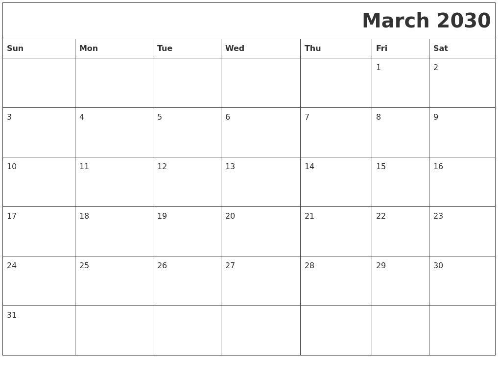March 2030 Download Calendar