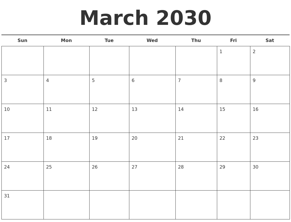 March 2030 Free Calendar Template