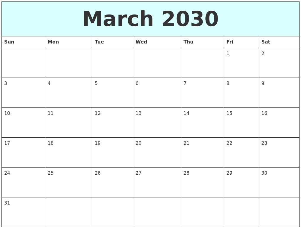 March 2030 Free Calendar