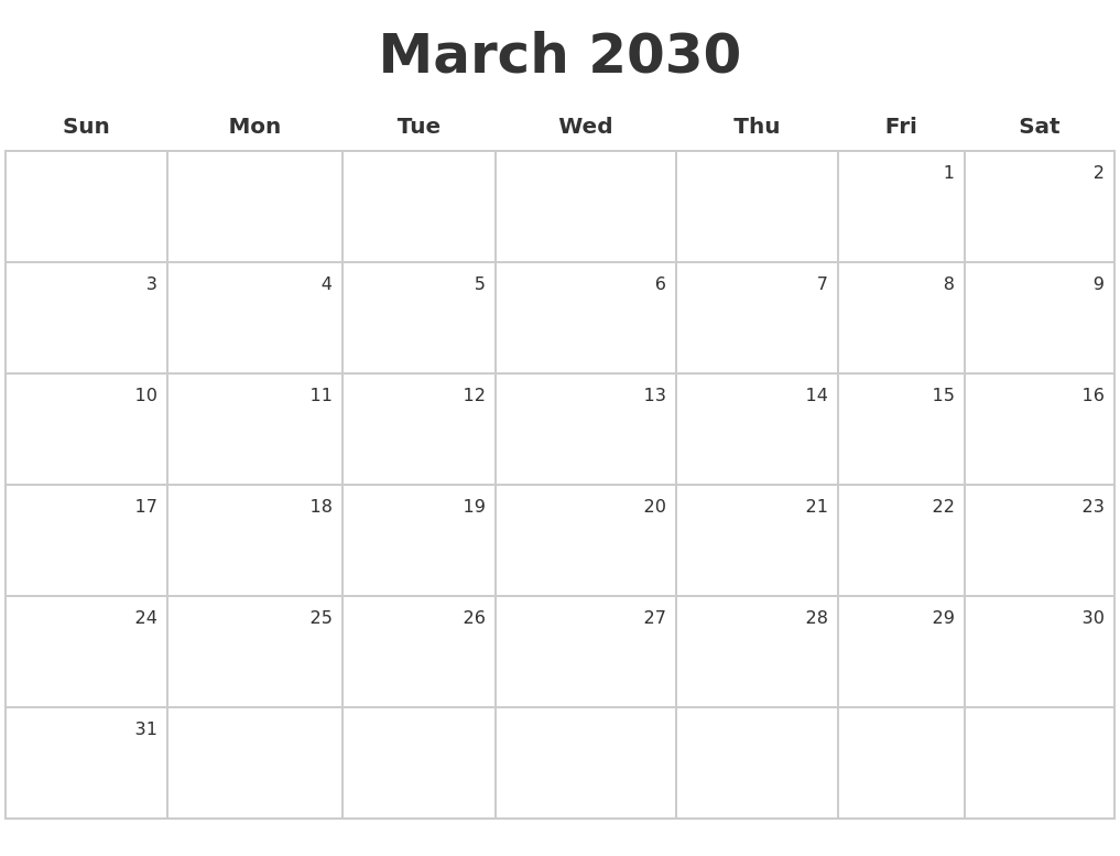 March 2030 Make A Calendar